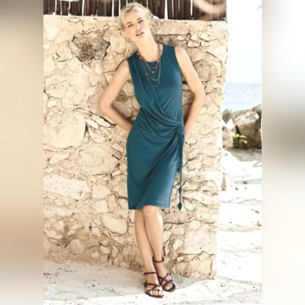 Peruvian Connection Women's Ruched Faux Wrap Sleeveless Dress sz Medium